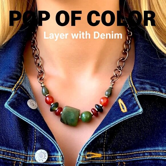 Handmade Asymmetrical Choker! Semi-Precious Stone Beads + Copper! Fall Colors! - Picture 5 of 15